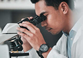 Aufkleber - Scientist, man and microscope for science research, data analysis and DNA investigation with laboratory technology. Professional doctor or medical expert with lens check for particles inspection