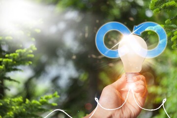 Poster - Circular economy concept. Hand with light bulb