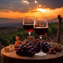 Two glasses of red wine at evening vineyard landscape