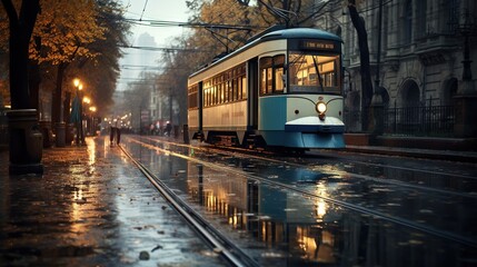 Poster -  a trolley car on a rainy street with people walking on the sidewalk.  generative ai