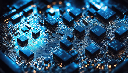 Poster - advanced computer components, motherboard chips with blue circuitry and vibrant orange glows. great 