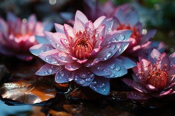 Wall Mural - Magical Pink water lilies flowers with buds and green leaves with rain drops on the lake surface, closeup