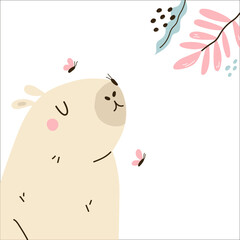 Wall Mural - Vector illustration with cute capybara and colorful butterflies