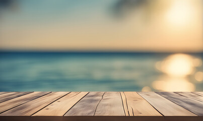 Poster - Empty wooden table, blurred summer sea background with copy space for your product
