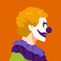 Wall Mural - male clown face in profile. side view of people face. concept of halloween, circus. avatar. flat vector illustration.