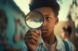 © nsit0108 - Black young boy looking magnifier. Generate Ai