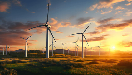 Group of windmills for electric power production in the green field at sunset - Sustainable and Green energy concept