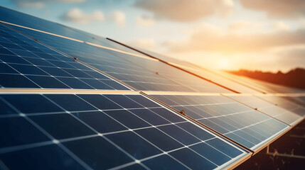 Solar panels at sunset- photovoltaic plant - Sustainable energy concept