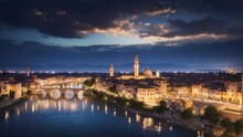 Verona Italy, High Angle View Night City Skyline At Adige River