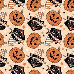 Hand drawn seamless vector pattern with vintage Halloween black cat and pumpkin. Perfect for textile, wallpaper or print design.
