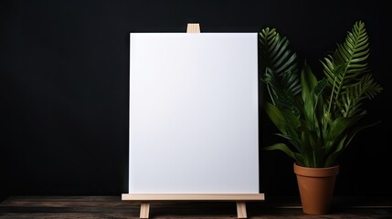 Sticker -  a plant and an easel on a table with a black background.  generative ai