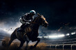 Silhouette of thoroughbred and jockey, dark background, generative Ai