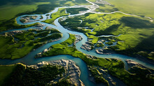 Aerial View Of A River Delta With Lush Green Vegetation And Winding Waterways