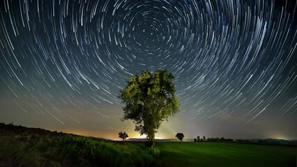 Time lapse of the night sky on a rural landscape with star trails and cloud motion effect
