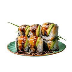 Wall Mural - Philadelphia roll with eel. Sushi stuffed with Philadelphia cheese and avocado, wrapped in rice and eel fillet, topped with unagi sauce, sesame seeds and finely chopped green onions. Sushi stands on a