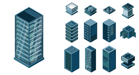 Poster - Set of isometric server racks. Server isometric set. Digital technology elements. Vector illustration