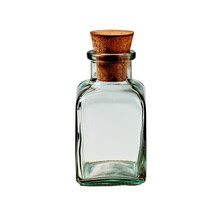 One Single Mini Transparent Glass Bottle With Closed Brown Cork Lid. The Rustic And Vintage Jar Is Small And Clean. It Looks Like An Old Medicin Keeping. Lies With The Bottom Up White Table.