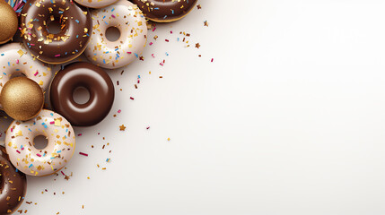 Wall Mural - Chocolate donuts and party supplies on white background