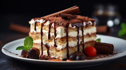 Wall Mural - Tiramisu cake with melted chocolate top on it