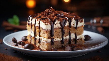 Wall Mural - Tiramisu cake with melted chocolate top on it