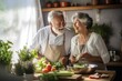 Senior couple cook at the kitchen. Happy elderly lovers cook together. AI generated