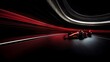 The racing formula on a speedway, red and black color motion. Racing car in motion.The illustration with red and black lights, a car, and a road. Generative AI.