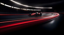 The Racing Formula On A Speedway, Red And Black Color Motion. Racing Car In Motion.The Illustration With Red And Black Lights, A Car, And A Road. Generative AI.