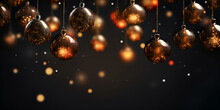 Beautiful Black Christmas Balls,3d Render Golden Light Bulb On Bokeh Background.