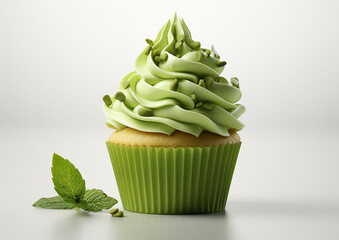 Wall Mural - Green creamed cupcake isolated on white background