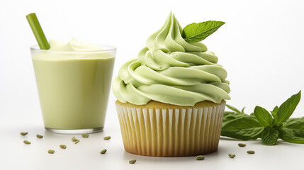 Wall Mural - Green creamed cupcake isolated on white background