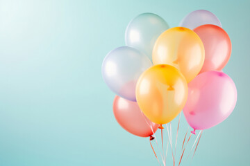 Birthday helium balloon bunch in pink blue and yellow colours on teal background. Happy anniversary party celebration