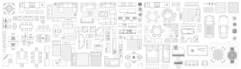 Set of linear icons. Interior top view. Vector Illustration. Floor plan icons set for design interior and architectural project