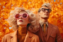 On A Crisp Autumn Day, A Fashionable Woman Man Couple Wearing Orange Clothing And Eyewear Stands Amidst Falling Leaves And Confetti, Posing With A Man For A Beautiful Outdoor Portrait