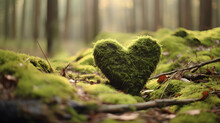Forest Dig Cemetery, Funeral Background - Closeup Of Wooden Heart On Moss. Natural Burial Grave In The Woods. Tree Burial