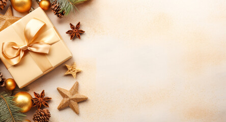 Wall Mural - Christmas decoration - gift, balls, stars, spruce twigs, pine cones, star anise and background with golden dust for your text