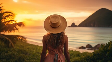 Poster - Beautiful young woman with long brown hair and wearing a hat watching the golden sunset at beautiful beach.