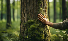 Man Hand Touch The Tree Trunk. Bark Wood.Caring For The Environment. The Ecology The Concept Of Saving The World And Love Nature By Human. Ecology And Energy Forest Nature Copy Space