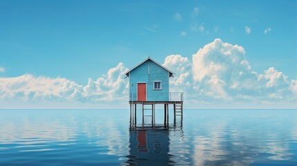 Poster -  a blue house sitting on top of a body of water.  generative ai