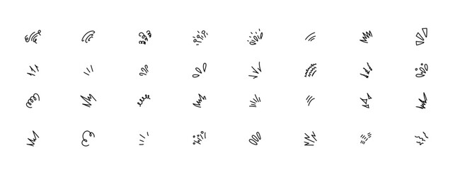 Hand drawn round corner shine. Sunburst sparkle element. Doodle radial line rays. Sun burst doodle icon. Explosion frame. Idea and exclamation symbol. Elements isolated on transparent background