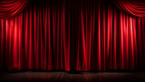 Fototapeta Morze - Empty theater stage with red velvet curtains. Spotlight showtime copy space