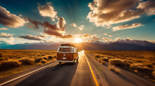 A Vintage Van Traveling, Nomadic Escape Alone In Nature At Sunset, On A Desert Path For A Road Trip Towards Adventure And Freedom