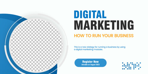 Wall Mural - A Blue Abstract curve banner design with black and white background. Digital marketing concept webinar horizontal banner