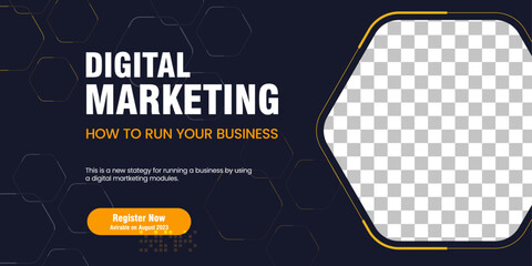 Wall Mural - Digital marketing banner concept design and Dark blue abstract banner with Hexagon shapes water mark, used for Business webinar horizontal banner template
