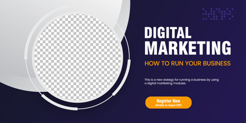 Wall Mural - Abstract curve banner design with black and white background. Digital marketing concept webinar horizontal banner, yellow and dark blue abstract curve template