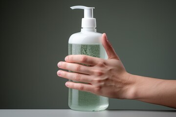 Poster - A bottle of liquid soap in hand.