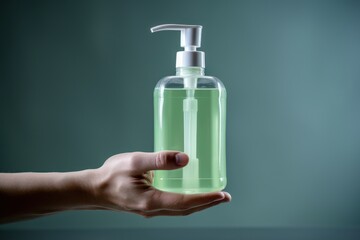 Poster - A bottle of liquid soap in hand.