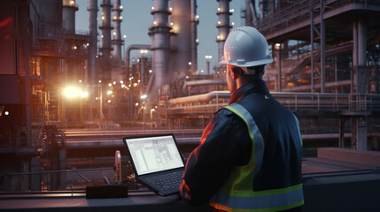 Energy Evolution: Engineer Uses Modern Technology and Laptop in the Business of Manufacturing at an Oil and Gas Refinery Plant with Safety Priority.