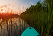 kayak among reeds on evening river