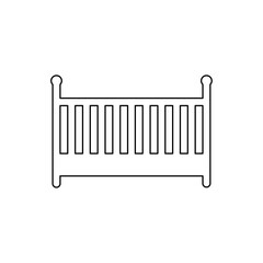 Poster - A large black outline baby cot symbol on the center. Vector illustration on white background