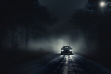 car driving on an dark foggy road at night
